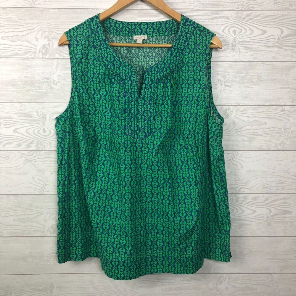 Talbots Women's 2X Printed Tank Top Sleeveless Shirt 100% Cotton Green Casual